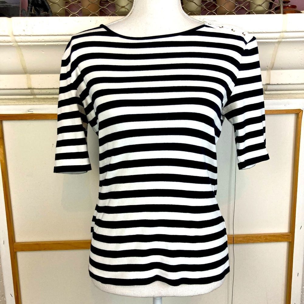 Jones New York NWOT Nautical shoulder laced Striped elbow length sleeve top